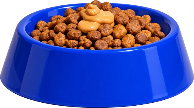 A blue dog bowl with kibble and a little topper
